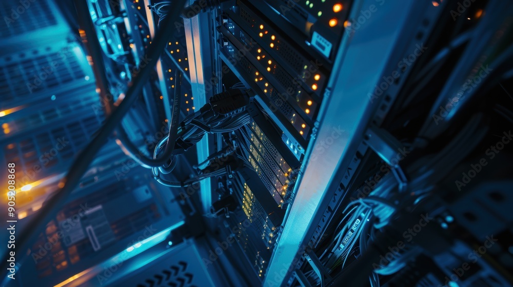 Server room equipment is flashing in data center with blurry cables in low angle view Server room equipment is flashing in data center with blurry cables in low angle view