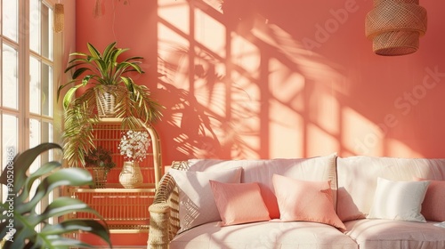 Living Room Interior with Linen Accent Sofa Seat Decorative Pink Throw Pillows shelf Bookcase Rattan Hanging Lamp Potted Plants Sunlit Room with Window Shadows on Salmon Pink Wall Spring Style photo