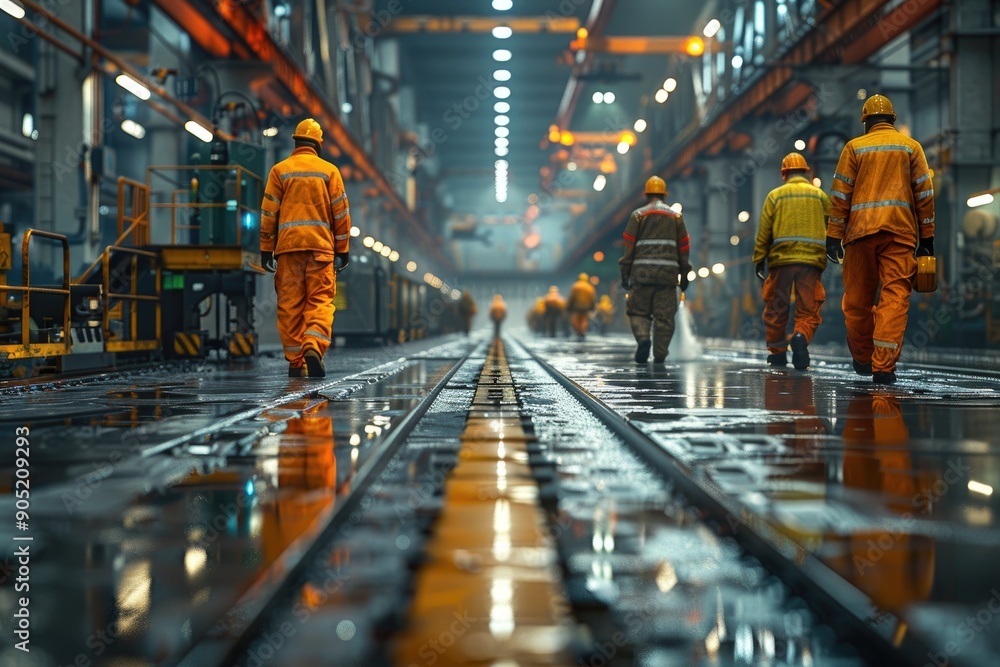 Group of workers collaborating production line, modern factory setting Group of workers collaborating production line, modern factory setting