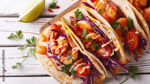 close up of Bang Bang Shrimp Tacos with purple cabbage tomatoes parsley lime drizzled with mayonnaise hot chili sauce on cutting board on white wooden table horizontal view from above photo