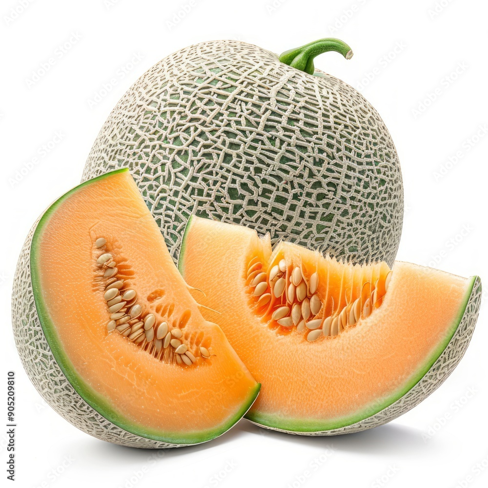 Medium shot of whole Cantaloupe near the sliced piece of Cantaloupe, isolated on a white background,  
