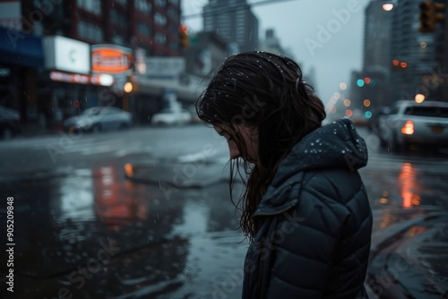 A person in a dark coat walks through a wet city street while snowflakes fall, radiating a sense of solitude and introspection during winter. Cars move in the background.