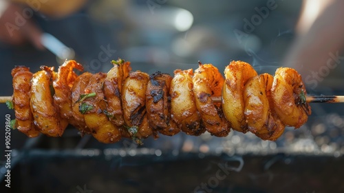 Fried swirl potato spiral on a stick during street food festival Fast food Tornado potatoes on a bamboo stick photo