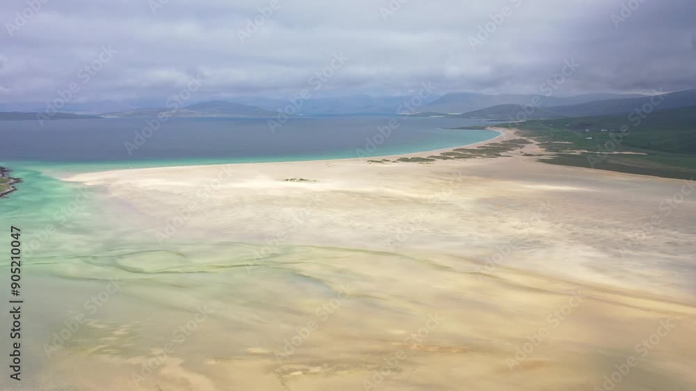 Drone flight captures cloud patterns on sands of Sgarasta Mhor Beach Drone flight captures cloud patterns on sands of Sgarasta Mhor Beach