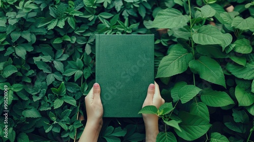 Mockup of hand holding book on green background with eco theme High quality image of nature protection cover template