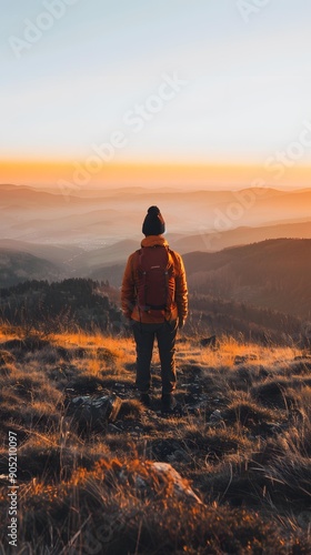 Man Standing On Top of Mountain At Sunset