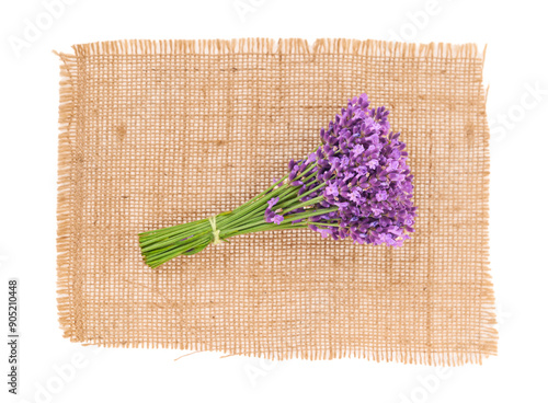 A bunch of lavender flowers on a burlap material, isolated on white background. Top view.