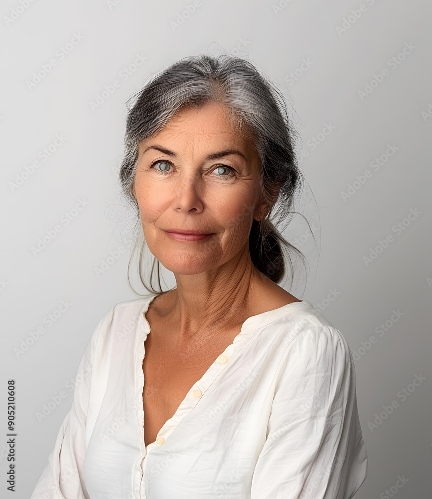 Fototapeta premium Portrait of a Mature Woman with Grey Hair and a White Shirt