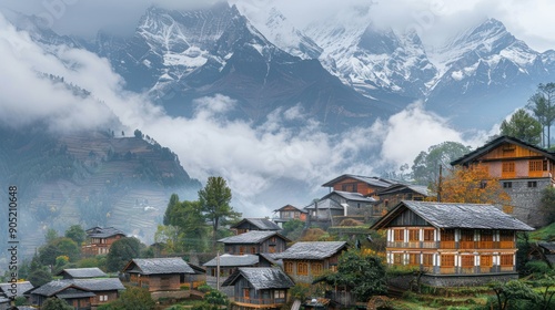 A quiet mountain village with traditional wooden houses.