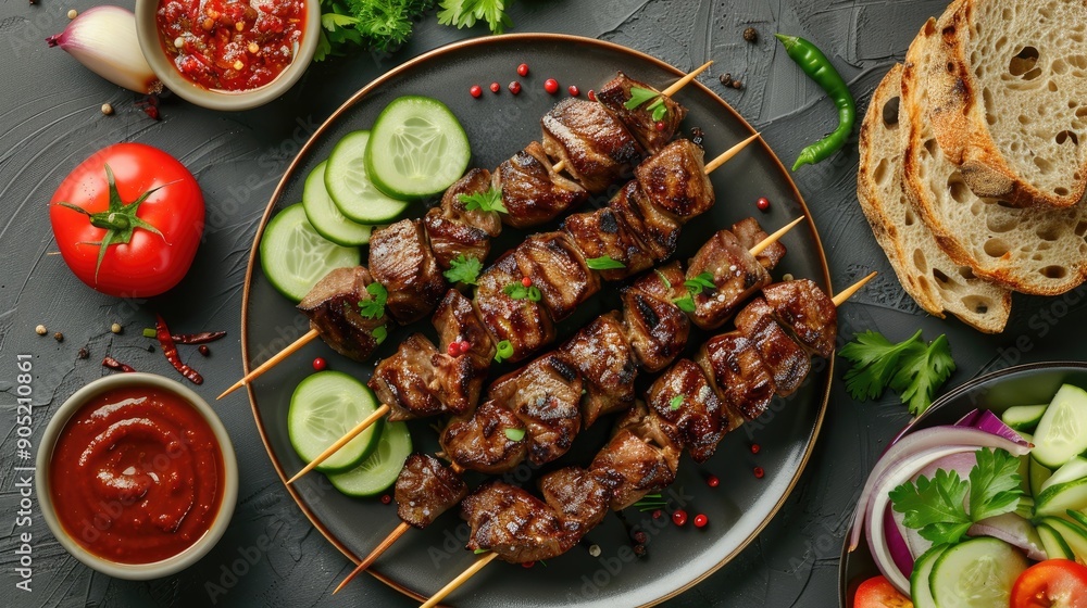 Grilled red meat skewers in plate Meat beef shish kebab with herb and spices Portion beef barbecue with fresh vegetable salad with cucumber chili onions and bread Top view Grilled red meat skewers in plate Meat beef shish kebab with herb and spices Portion beef barbecue with fresh vegetable salad with cucumber chili onions and bread Top view