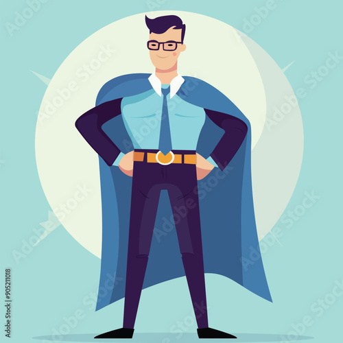Super businessman or manager standing on the top of the floor superhero