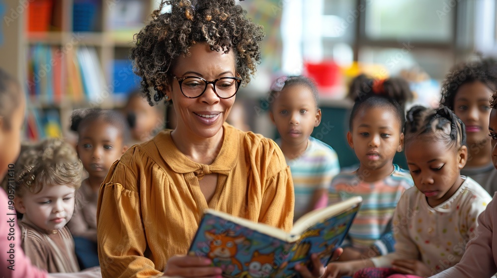 The teacher is reading a story to the little children in the kindergarten. The teacher is reading a story to the little children in the kindergarten.