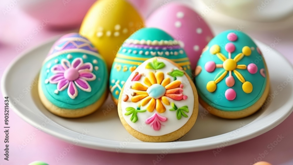 Easter delight Colorful cookie eggs on a plate Easter delight Colorful cookie eggs on a plate