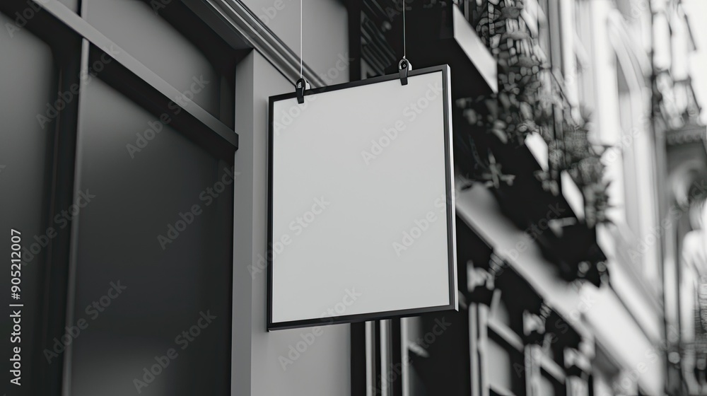 Blank hanging wall sign mockup square modern style outdoor signage with copy space black and white company signboard to add logo or text Blank hanging wall sign mockup square modern style outdoor signage with copy space black and white company signboard to add logo or text