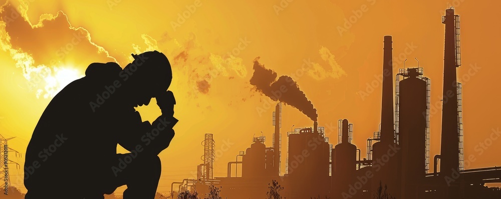 A scene depicting two silhouettes of workers at a smoky industrial refinery with a beautiful sunset in the background, highlighting the intensity and hard work of industrial laborers