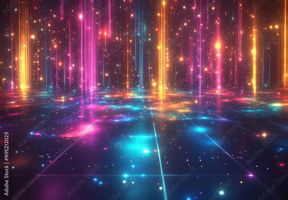 Obraz premium フロアのカラフルな光線と星が特徴的なデジタル背景