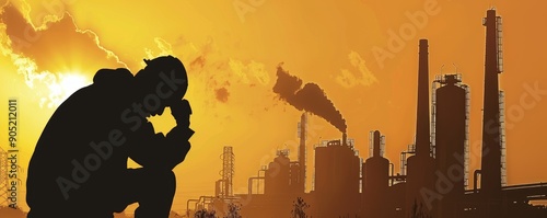 Obraz na płótnie A scene depicting two silhouettes of workers at a smoky industrial refinery with a beautiful sunset in the background, highlighting the intensity and hard work of industrial laborers w salonie