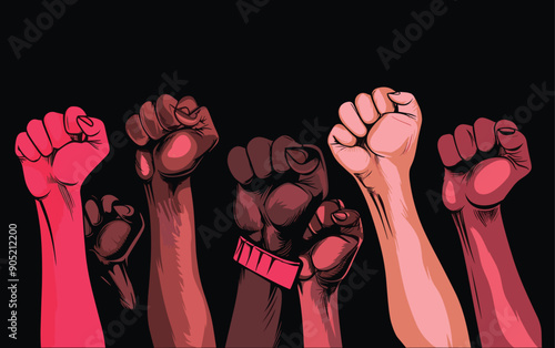 Multiracial raised fists concept, stop racism, teamwork concept, awareness day, national youth day