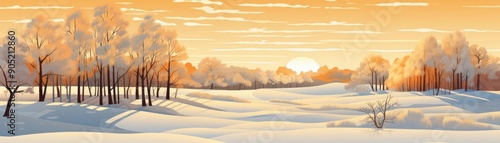 Snowy trees, golden sunrise in winter, flat design illustration