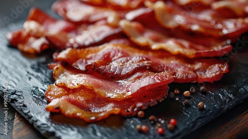 Closeup of Sliced Smoked Bacon on a Black Slate Cutting Board photo