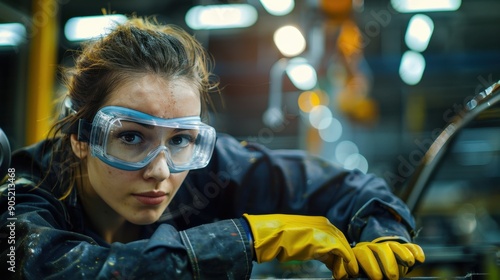 A woman wearing safety goggles and gloves, working on a car in a workshop.