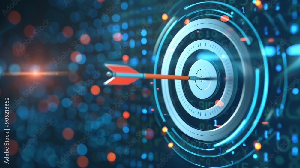 Fototapeta premium Arrow hitting the bullseye on a target against a digital background, symbolizing precision and success in technology.