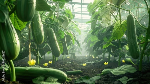 The growth and flowering of greenhouse cucumbers Growing organic food products Cucumber harvest High quality photo photo