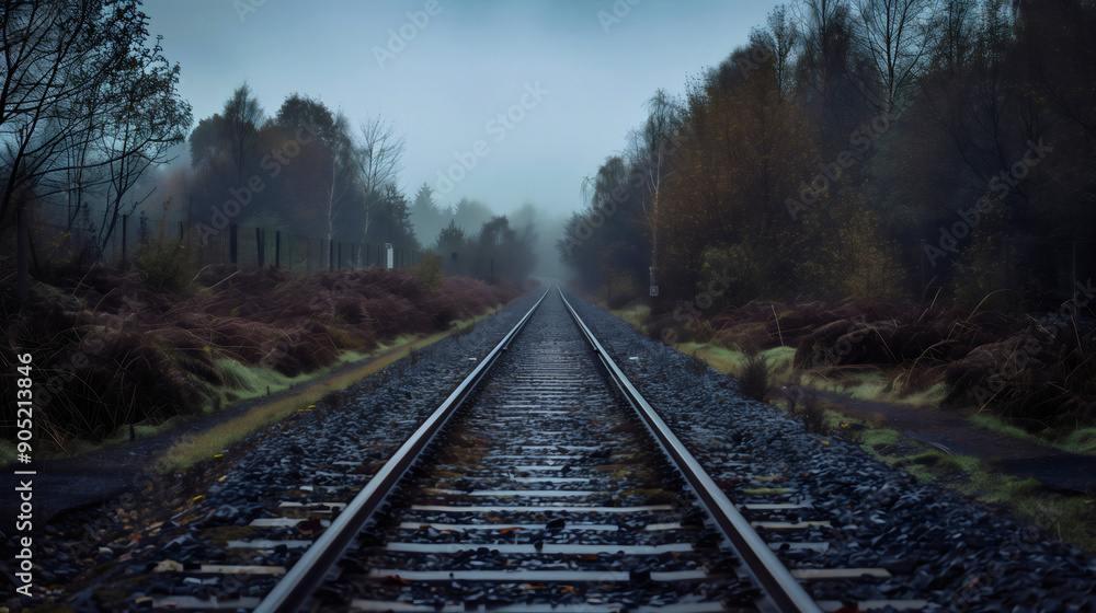 Fototapeta premium Train rails surrounded by trees in natural environment, railways or railroad for transportation and travel, construction road in misty foggy wilderness, long road direction, transport infrastructure