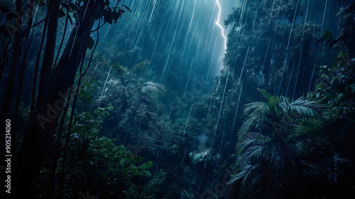 Fototapeta Naklejka Na Ścianę i Meble -  Thunderstorm in jungle with lightning and thunder, heavy rain outside in nature, tropical forest with plants and trees, stormy wild landscape, tropical woods, green vegetation rainy weather wilderness