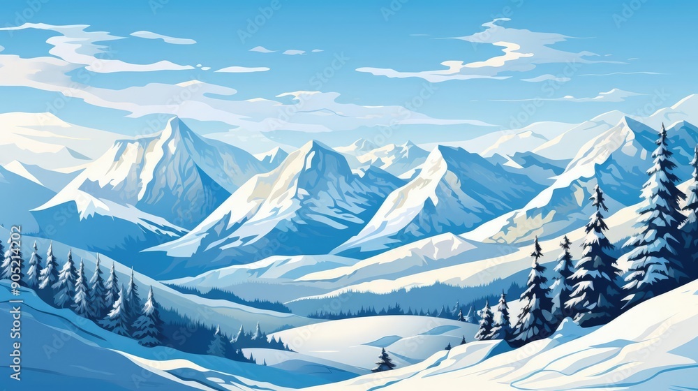 Obraz premium Blue sky over mountains, skiers descending slopes, vibrant winter scene, flat design illustration