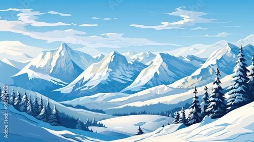 Wallpaper Mural Blue sky over mountains, skiers descending slopes, vibrant winter scene, flat design illustration Torontodigital.ca