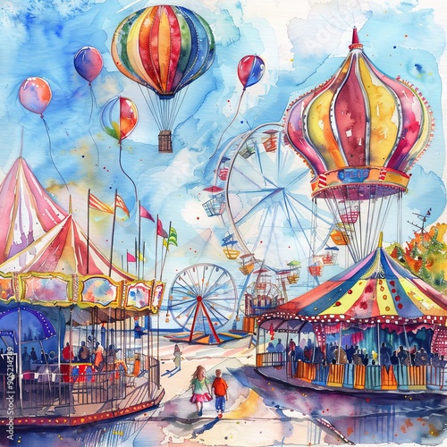 Illustrate a watercolor painting of a fun and vibrant carnival scene with colorful tents, rides, and balloons, perfect pastel tone.