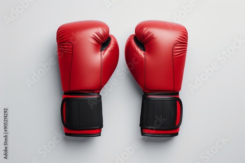 A pair of brand new boxing gloves, still connected by the original packaging strap, with no visible logos or branding. The gloves are pristine and untouched, ready for their first use. photo