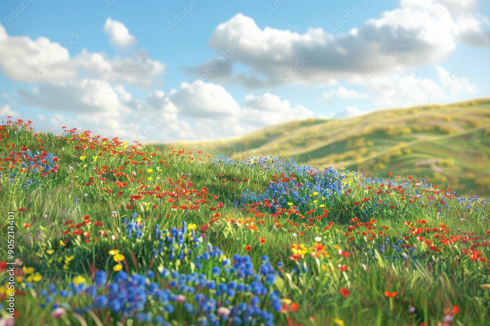 Obraz premium Vibrant Wildflowers in a Lush Meadow Under a Blue Sky