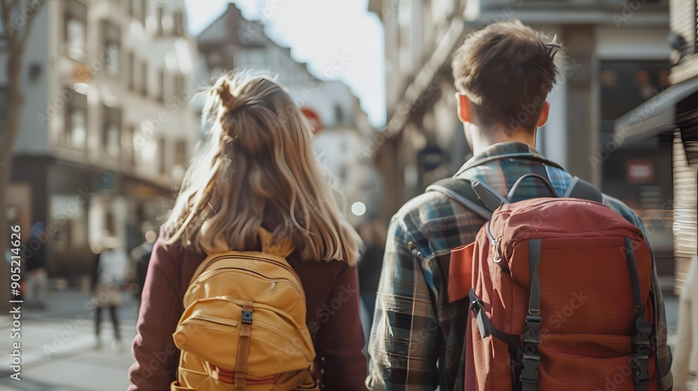 Obraz premium Couple Walking Down City Street With Backpacks