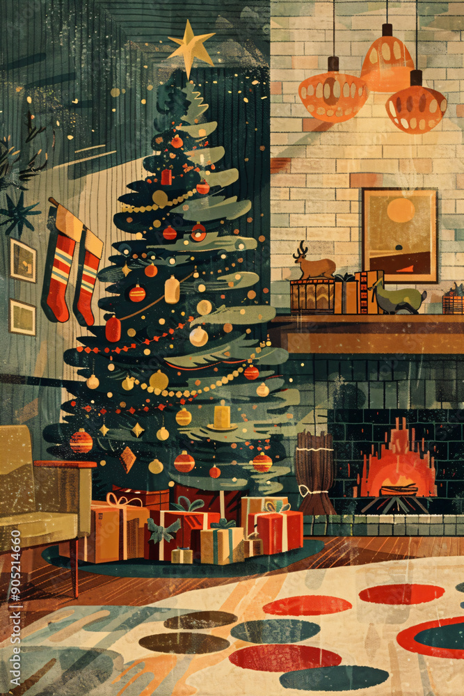 Fototapeta premium Warm holiday interior with a christmas tree and fireplace. Ideal for seasonal greetings and winter artwork. Embrace the festive spirit with cozy decorations
