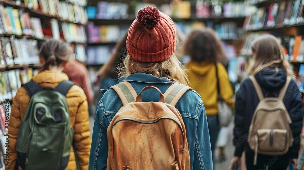 People Walking Through Bookstore With Backpacks People Walking Through Bookstore With Backpacks