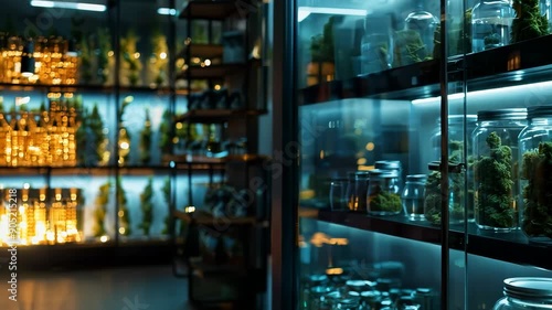 Discover a well-lit cannabis dispensary storage room with organized shelves