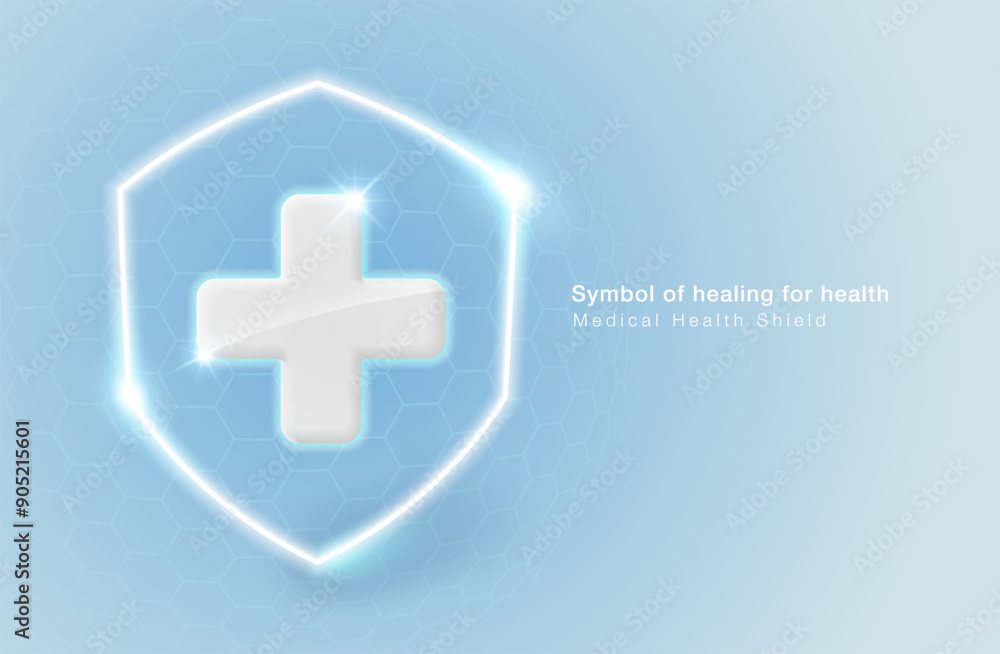 Obraz premium Medical service symbols such as hospital, clinic, ambulance with plus sign icon and glowing shield line. Vector illustration file template.