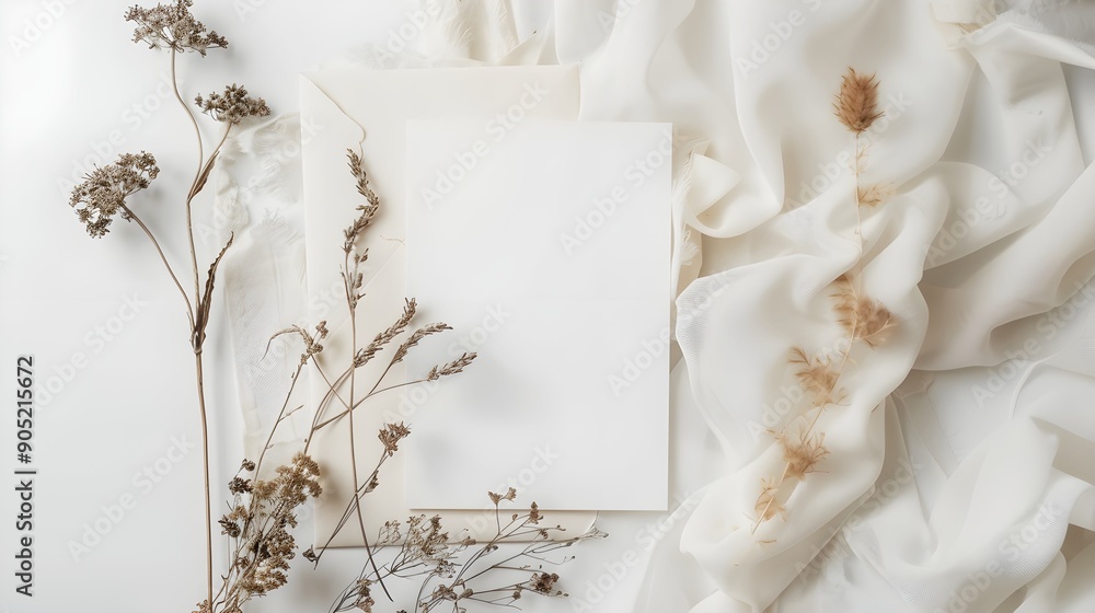 Minimalist blank Wedding Invitation Design with Neutral Tones and Dry Flowers. a Mockup for a wedding invitation Minimalist blank Wedding Invitation Design with Neutral Tones and Dry Flowers. a Mockup for a wedding invitation