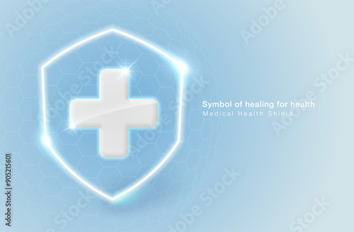 Medical service symbols such as hospital, clinic, ambulance with plus sign icon and glowing shield line. Vector illustration file template.