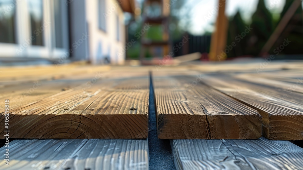 Obraz premium Fragment planks installing wood floor for patio deck with new wooden decking