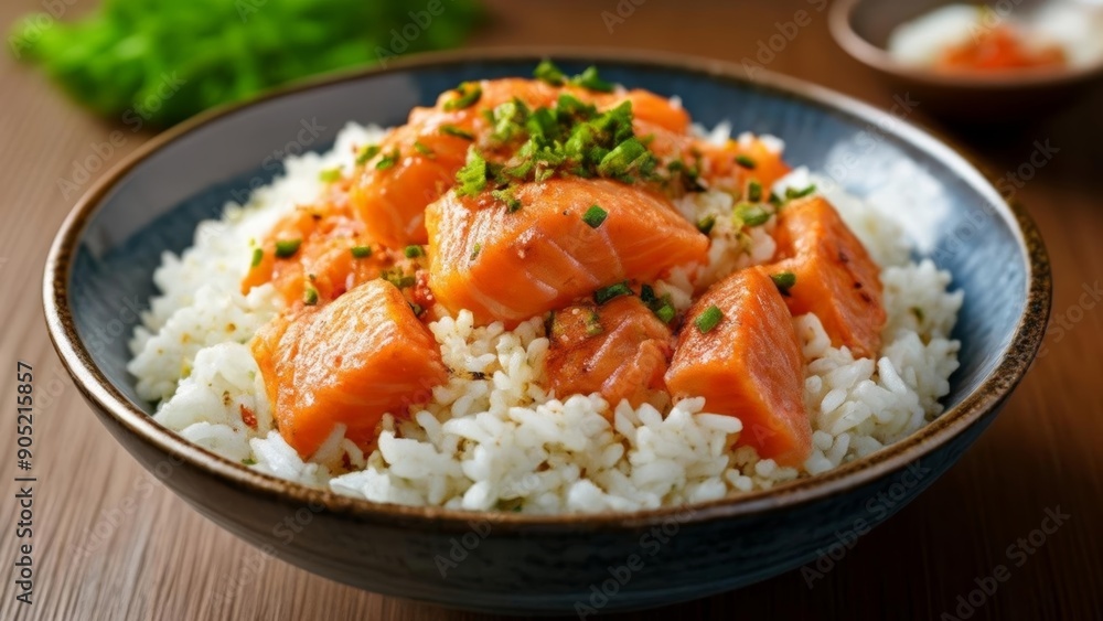 Deliciously fresh salmon and rice ready to be savored Deliciously fresh salmon and rice ready to be savored