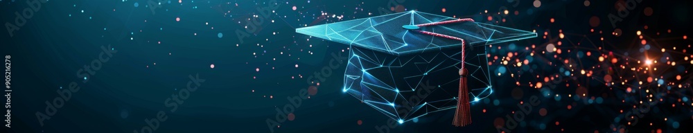 Glowing Graduation Cap in Polygonal Low Poly Style on a Dark Background, an Illustration of Academic Achievement and Future Success Glowing Graduation Cap in Polygonal Low Poly Style on a Dark Background, an Illustration of Academic Achievement and Future Success