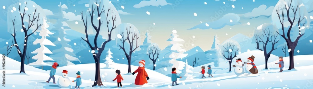 Kids having a snowball fight, winter laughter and fun, flat design illustration Kids having a snowball fight, winter laughter and fun, flat design illustration