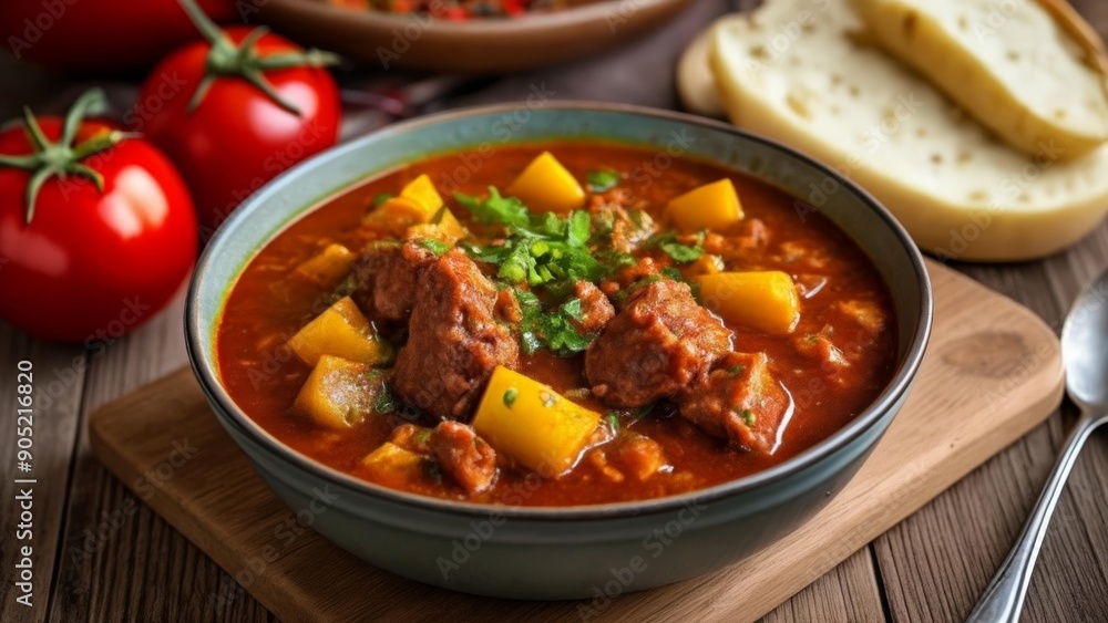Hearty stew with meat and vegetables served with bread Hearty stew with meat and vegetables served with bread