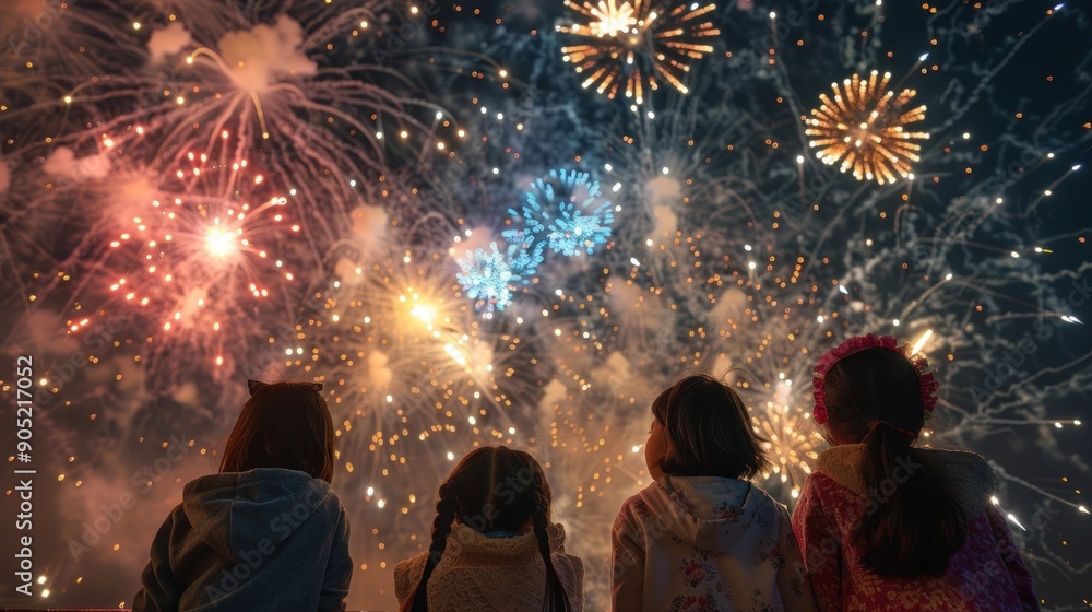 Awe-Inspiring Fireworks Display with Four Young Viewers Awe-Inspiring Fireworks Display with Four Young Viewers