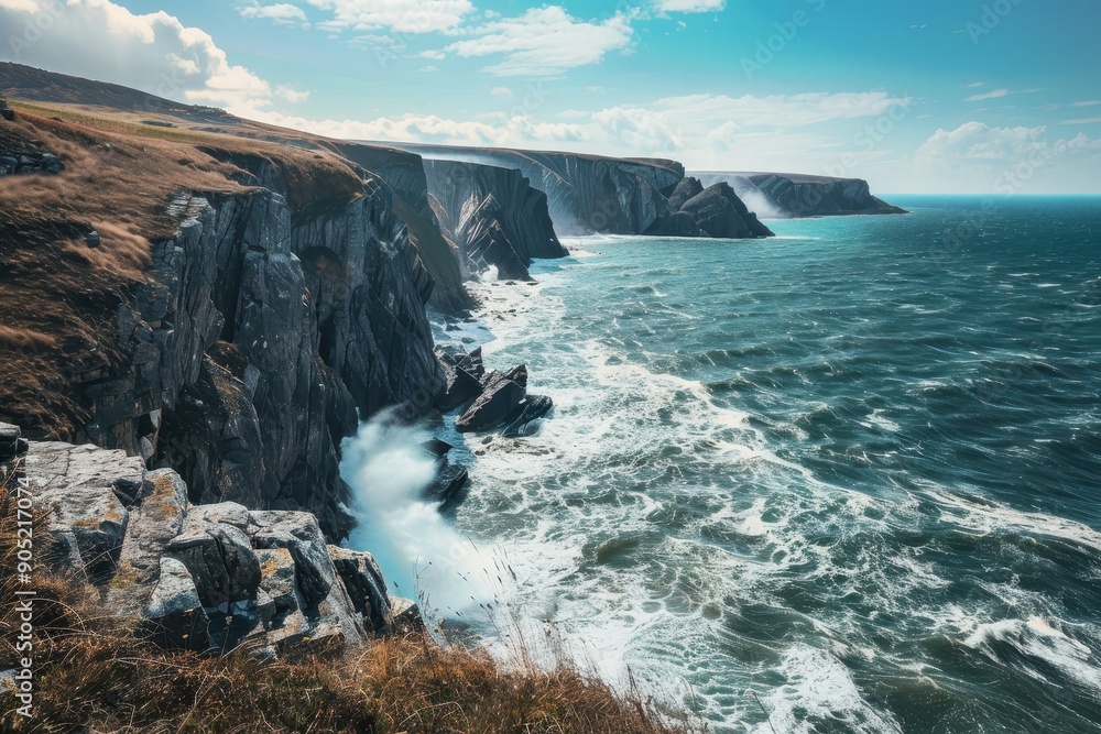 Dramatic Sea Cliffs and Waves Crashing on a Rocky Coastline Dramatic Sea Cliffs and Waves Crashing on a Rocky Coastline