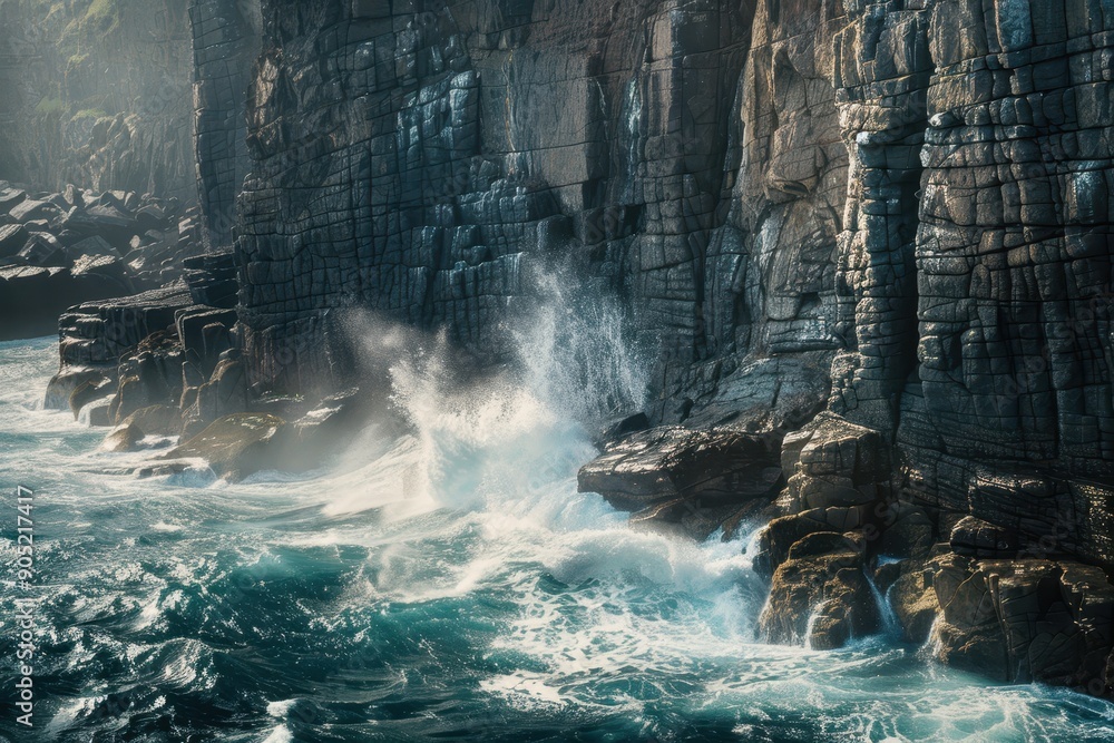 Naklejka premium Rough Ocean Waves Crashing Against Jagged Sea Cliffs