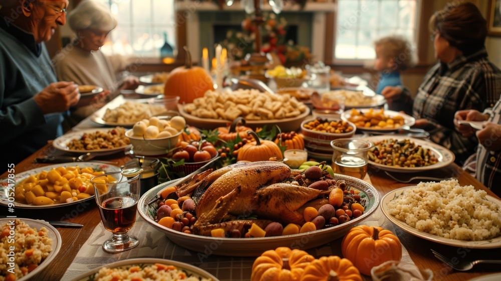 The joyful atmosphere of Thanksgiving dinner, with a big meal on the table. The joyful atmosphere of Thanksgiving dinner, with a big meal on the table.